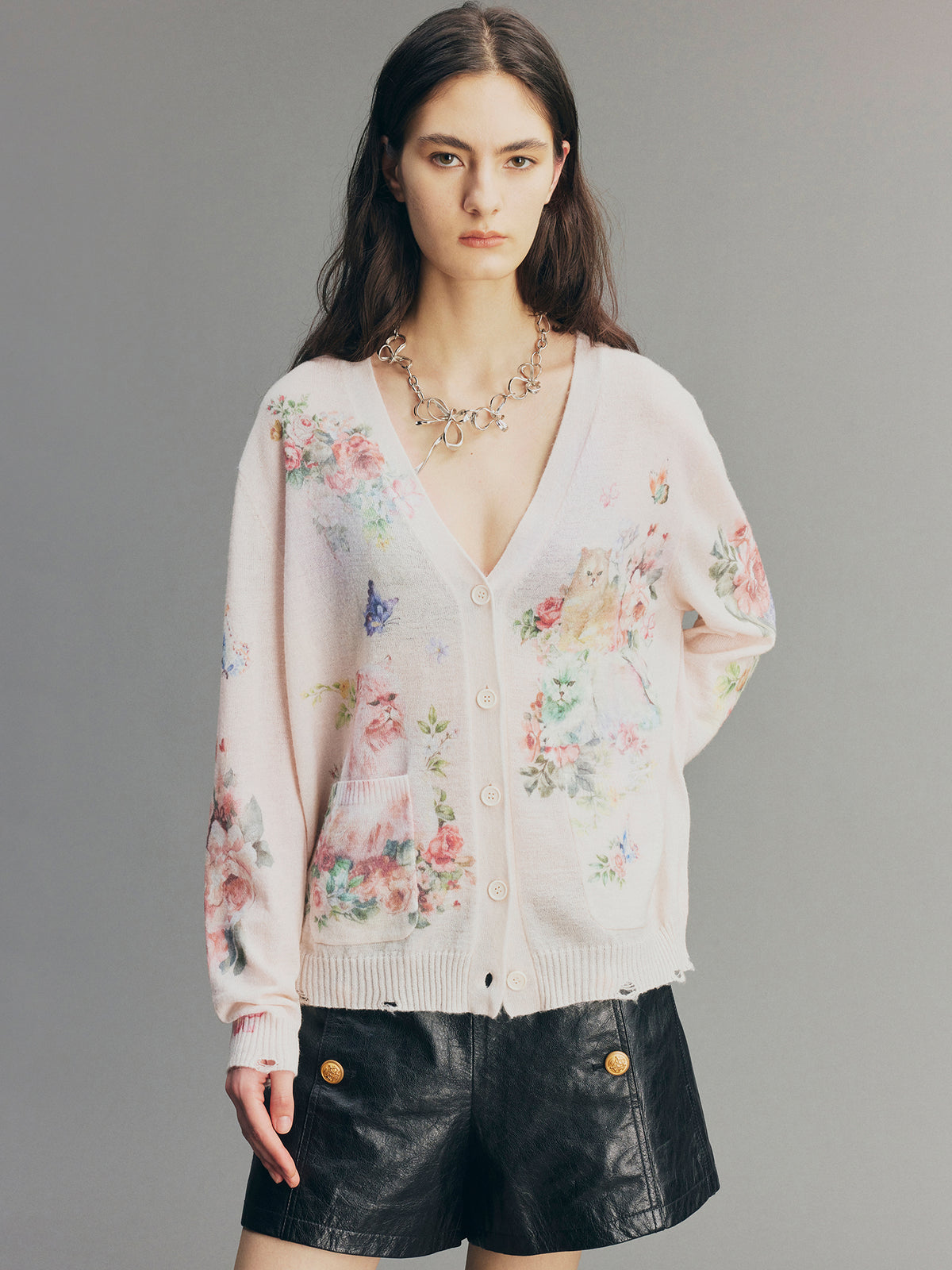 Fantasy Cat Print V-Neck Cardigan