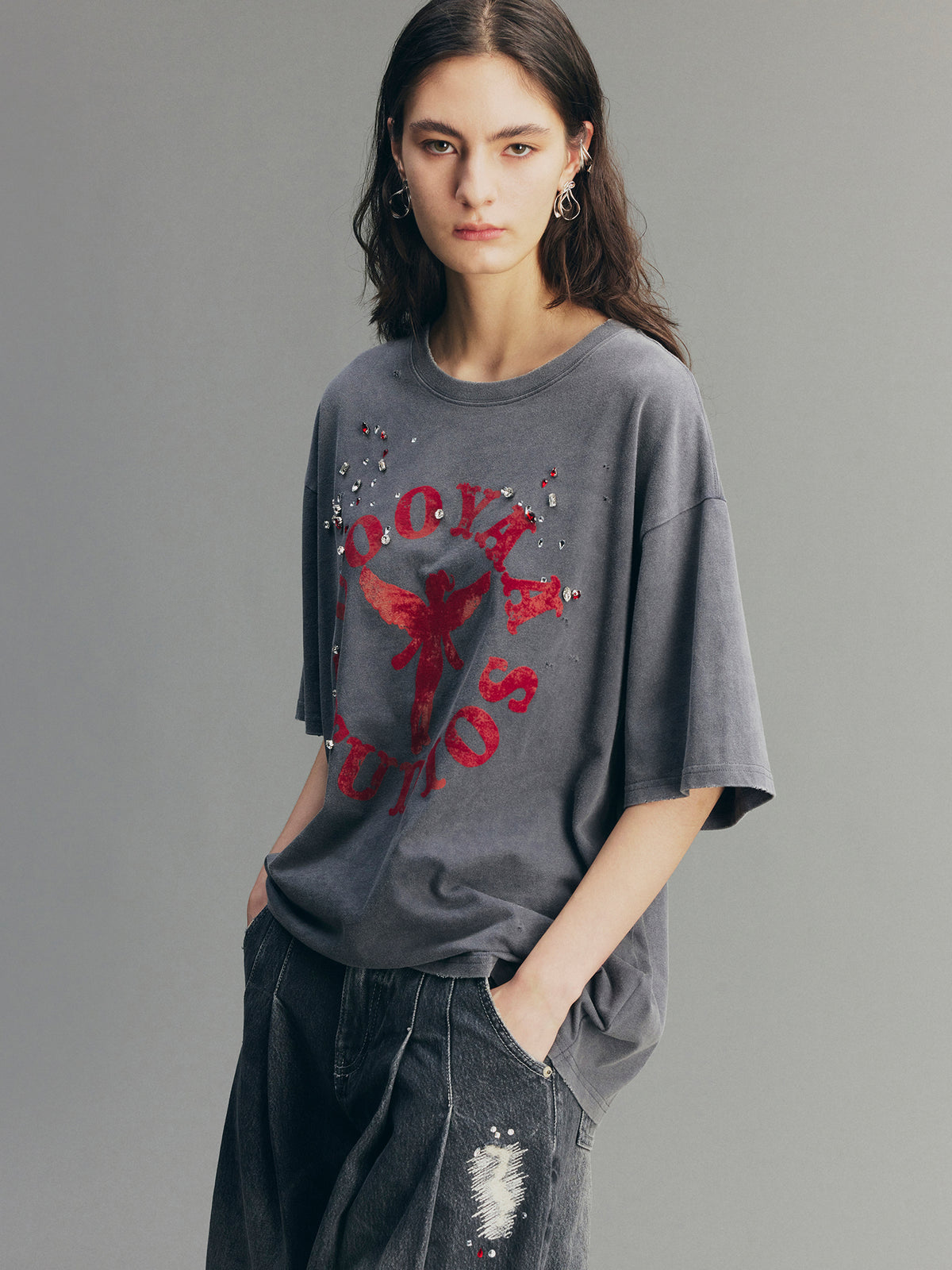Rock Print Rhinestone T-shirt