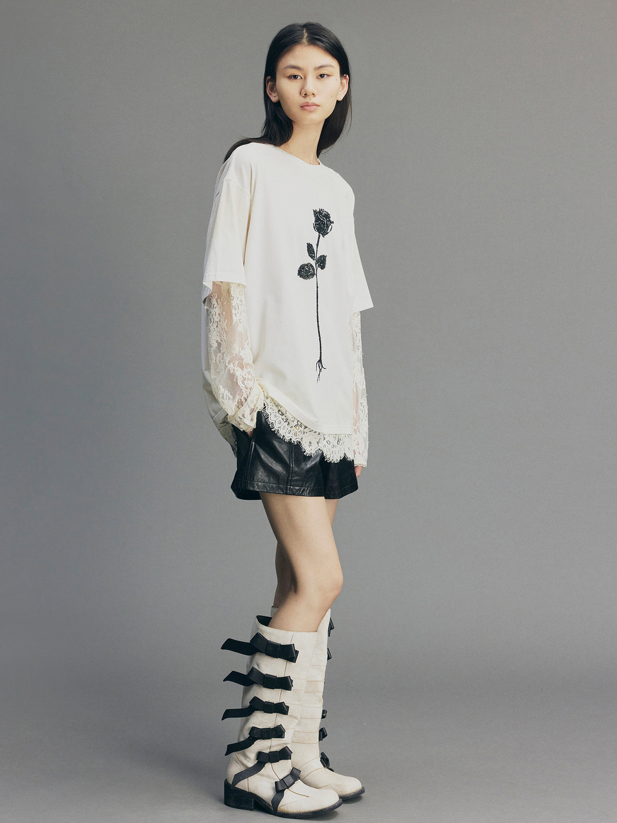 True Flower Sequin Embroidered Layered T-shirt