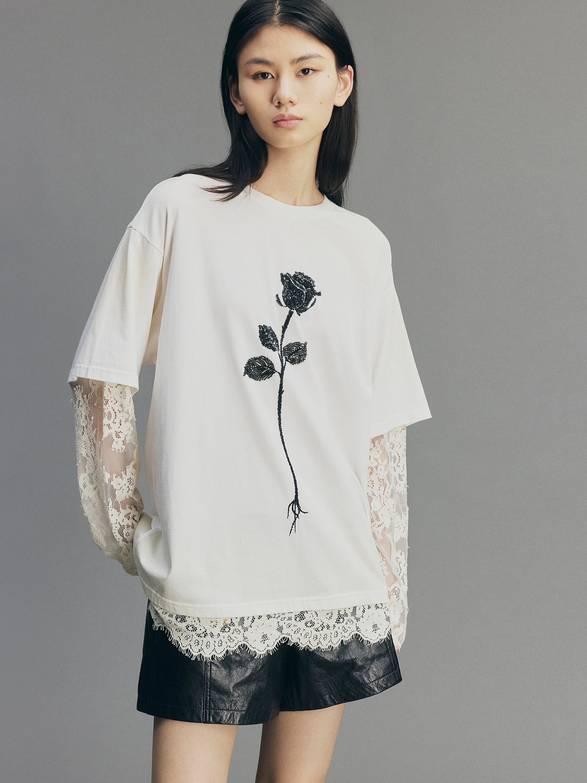 True Flower Sequin Embroidered Layered T-shirt
