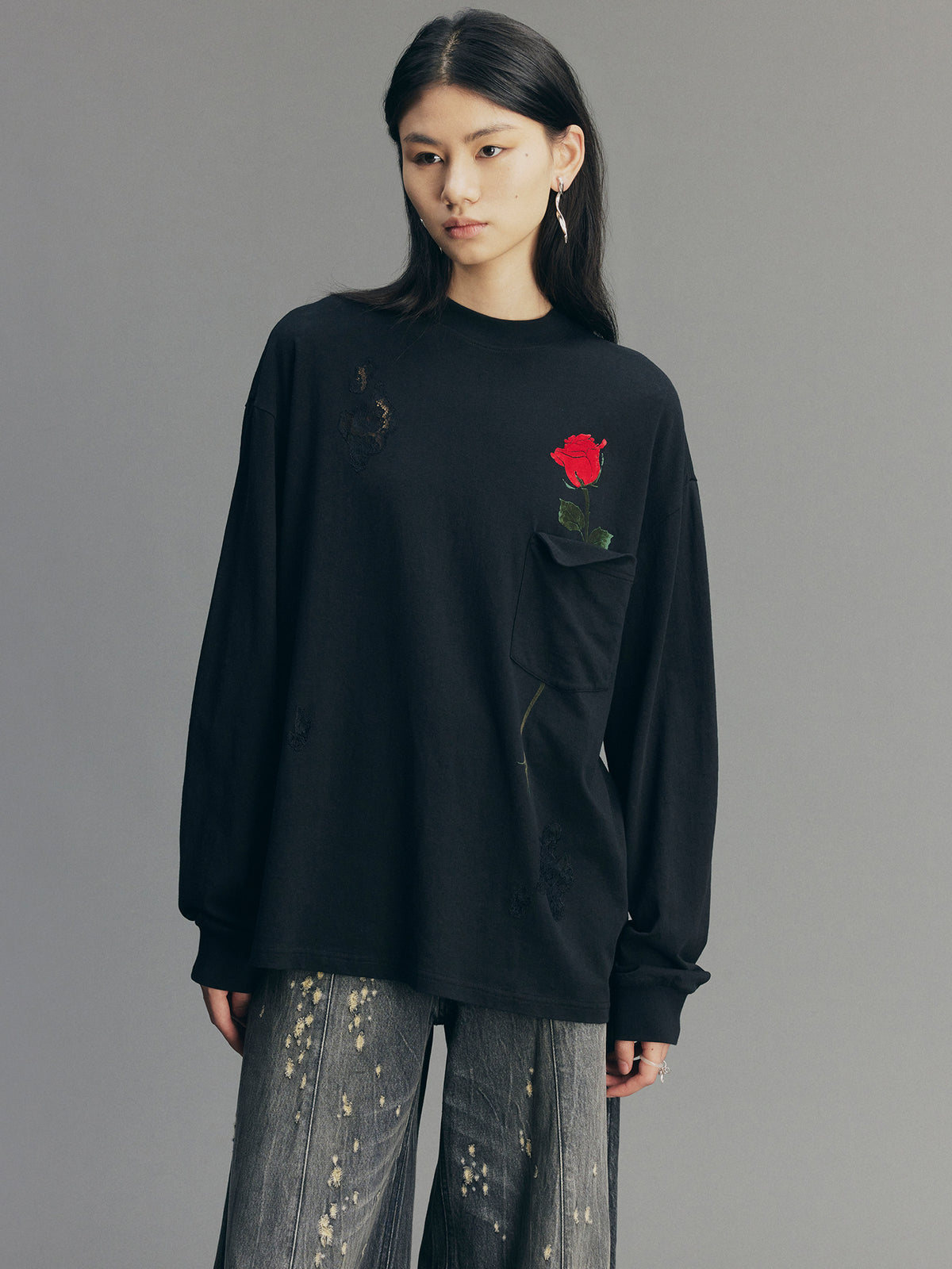 Playful True Flower Lace Distressed Sweatshirt
