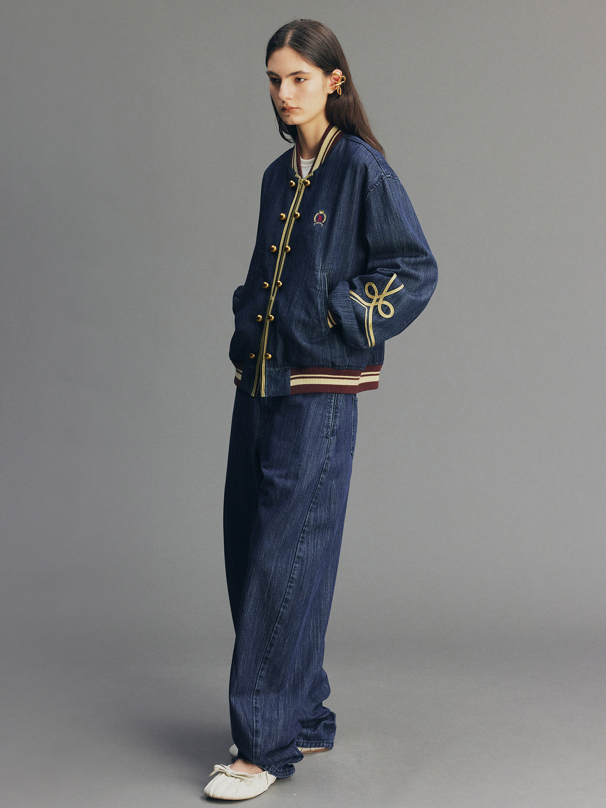 Vintage Romantic Military Denim Bomber Jacket