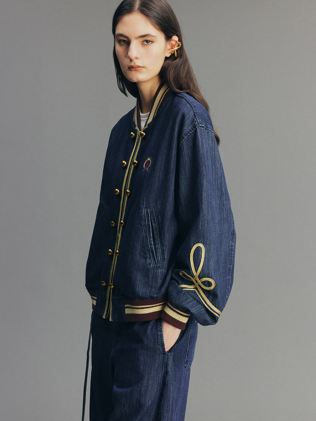 Vintage Romantic Military Denim Bomber Jacket