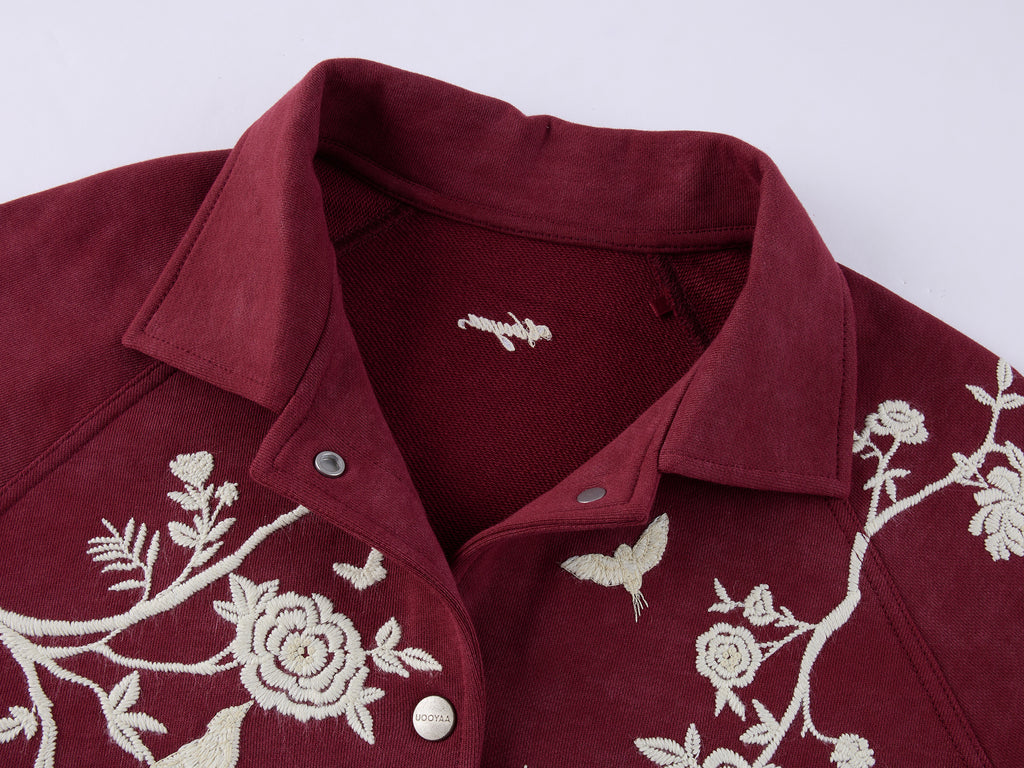 Vintage Embroidered Distressed Sweatshirt Jacket