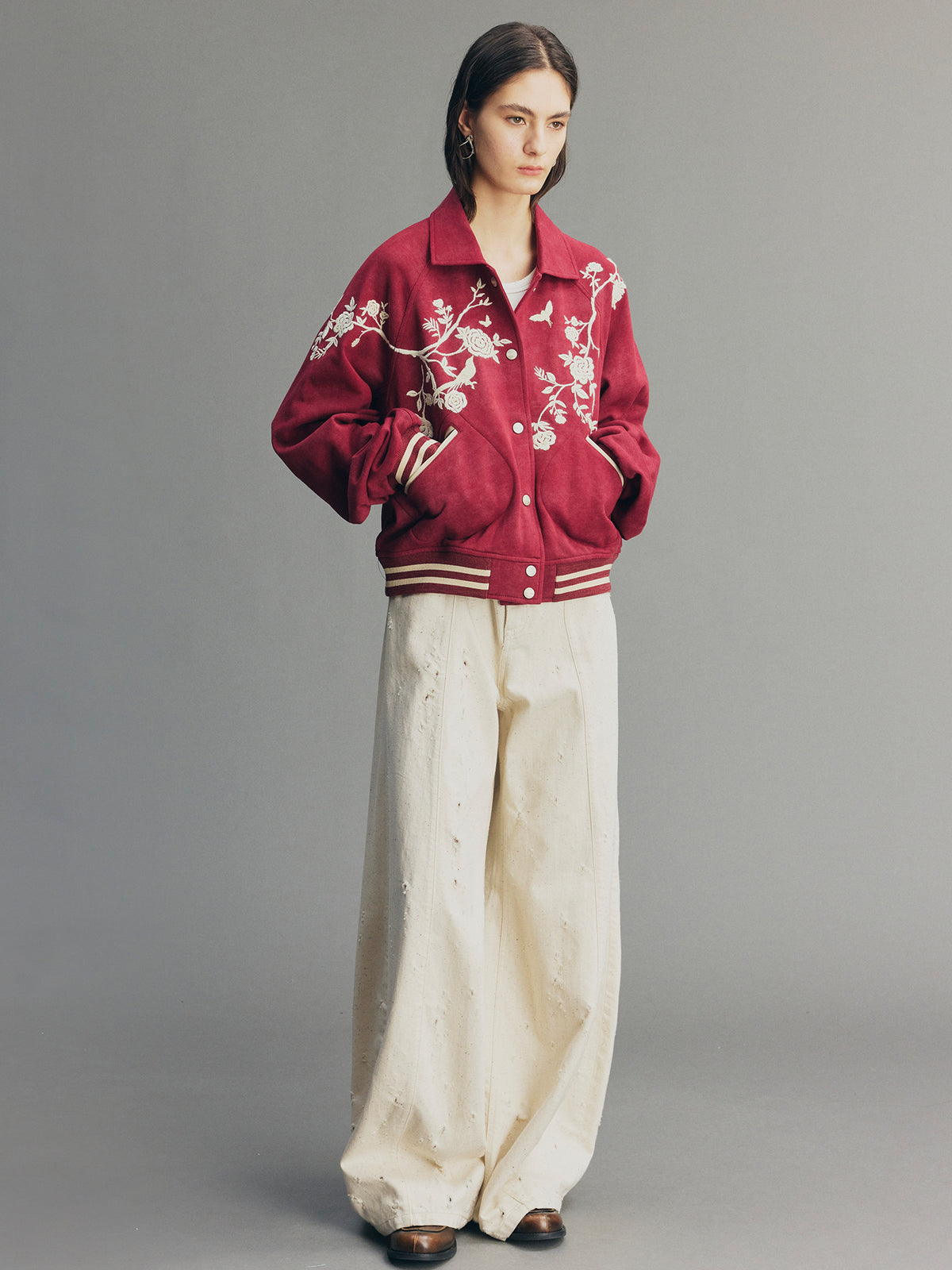 Vintage Embroidered Distressed Sweatshirt Jacket