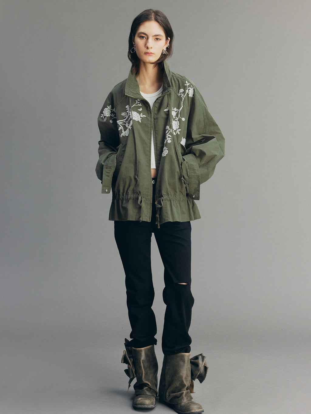 Vintage Embroidered Drawstring Utility Jacket