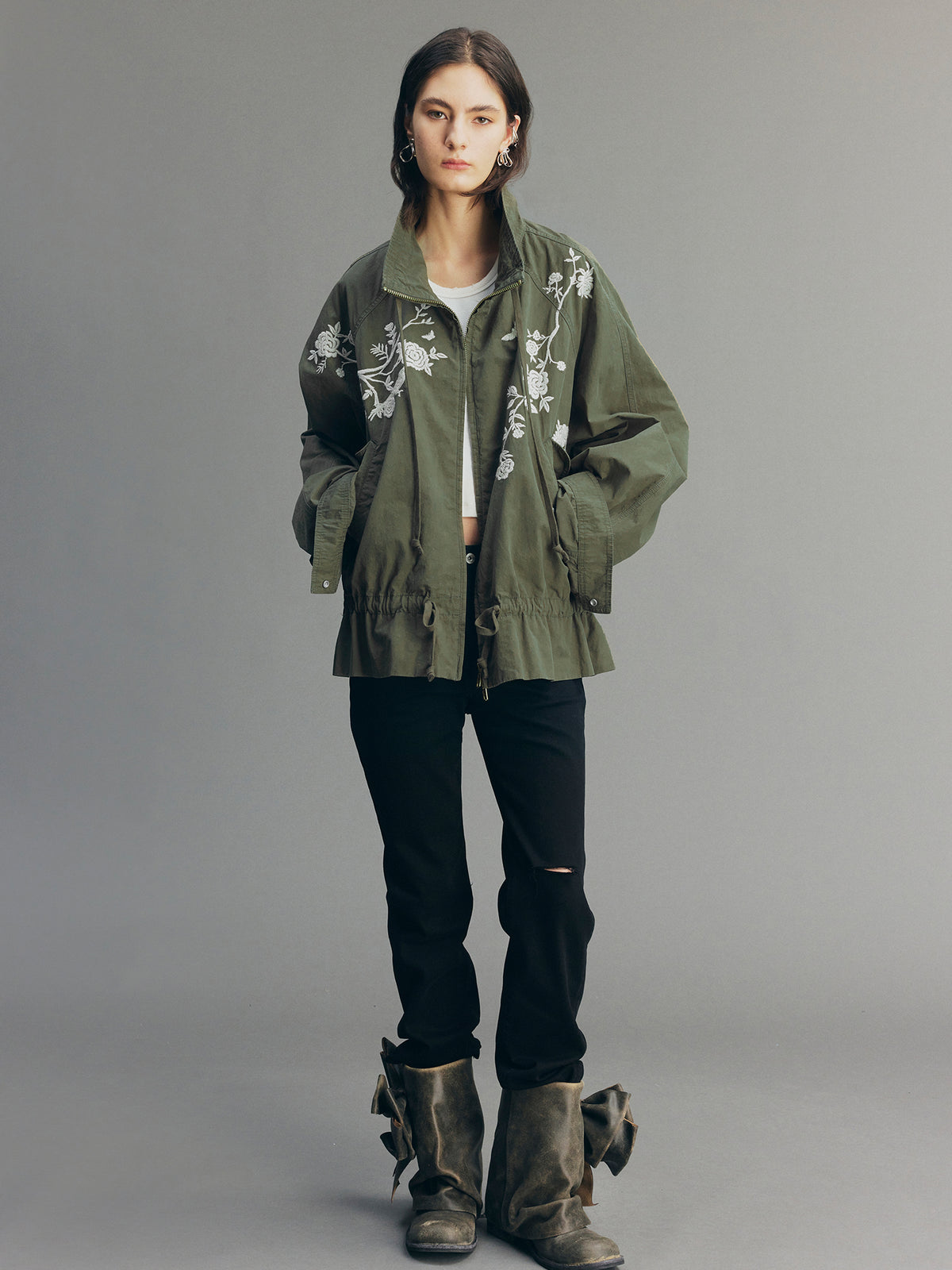 Vintage Embroidered Drawstring Utility Jacket