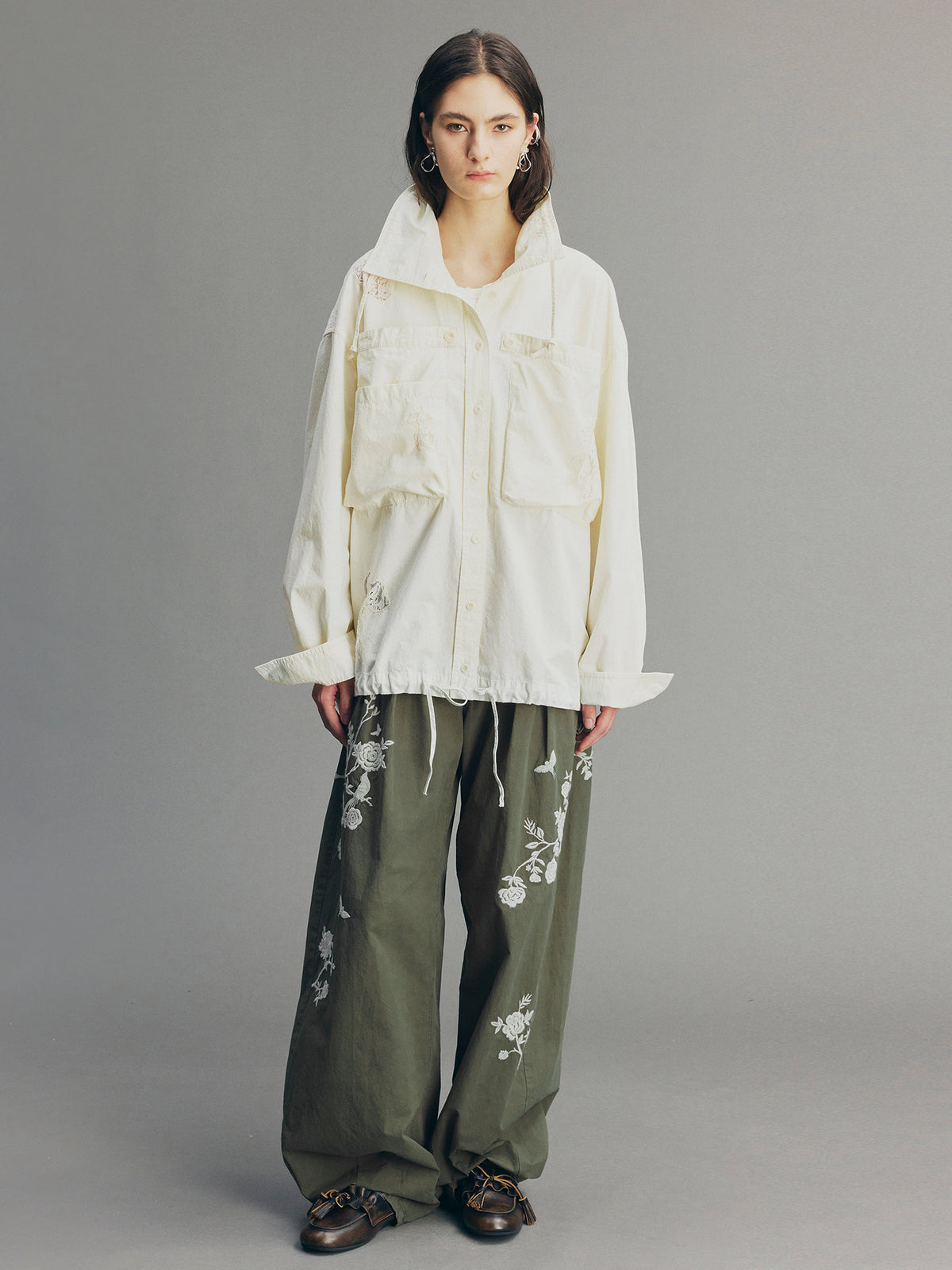 Vintage Embroidered Curved-Leg Pants