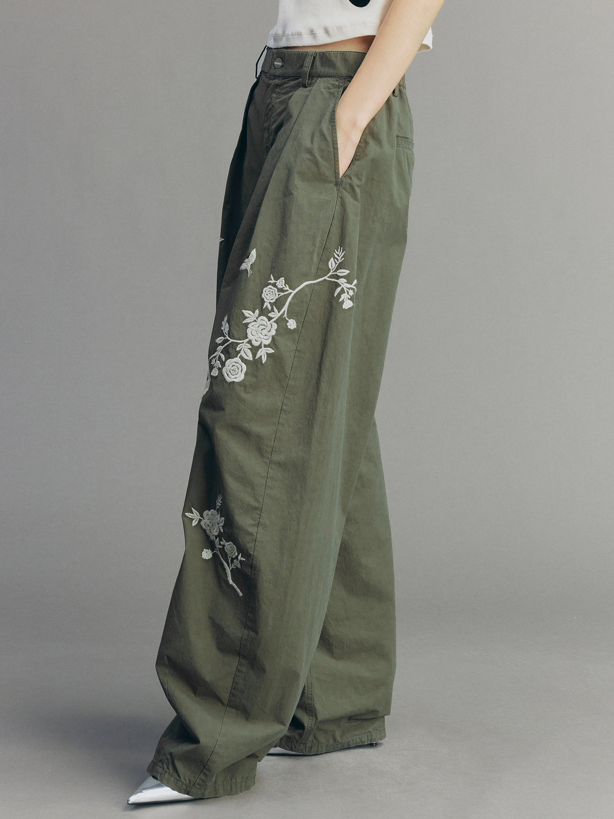 Vintage Embroidered Curved-Leg Pants