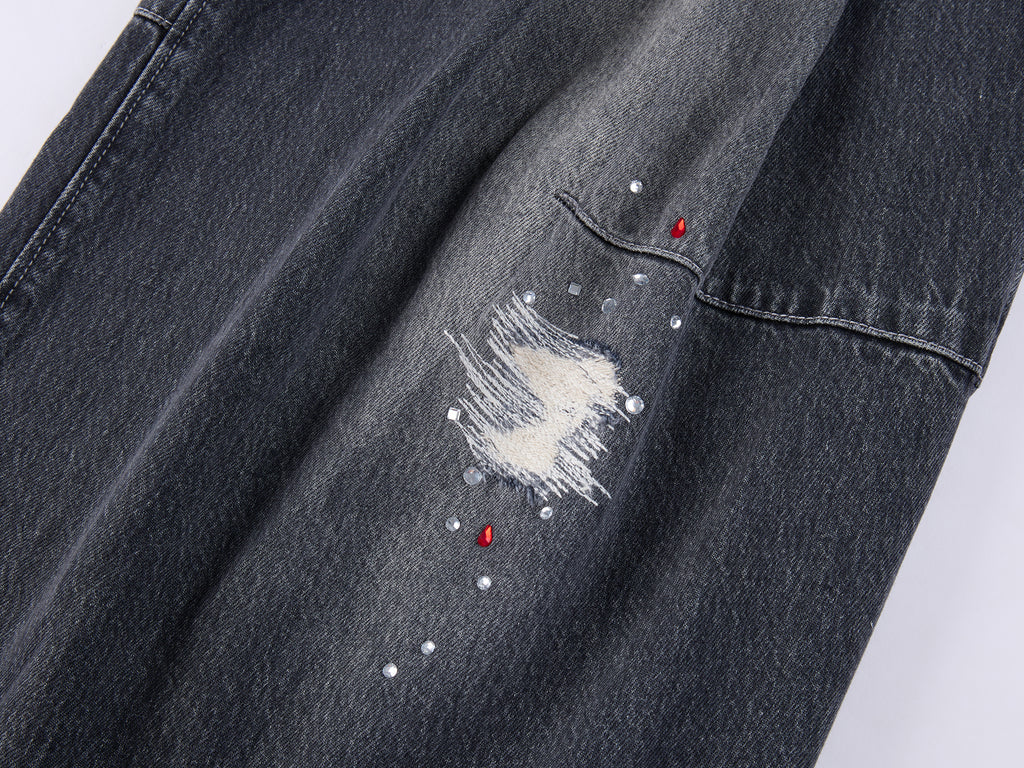 Distressed Rhinestone Five-Pocket Jeans