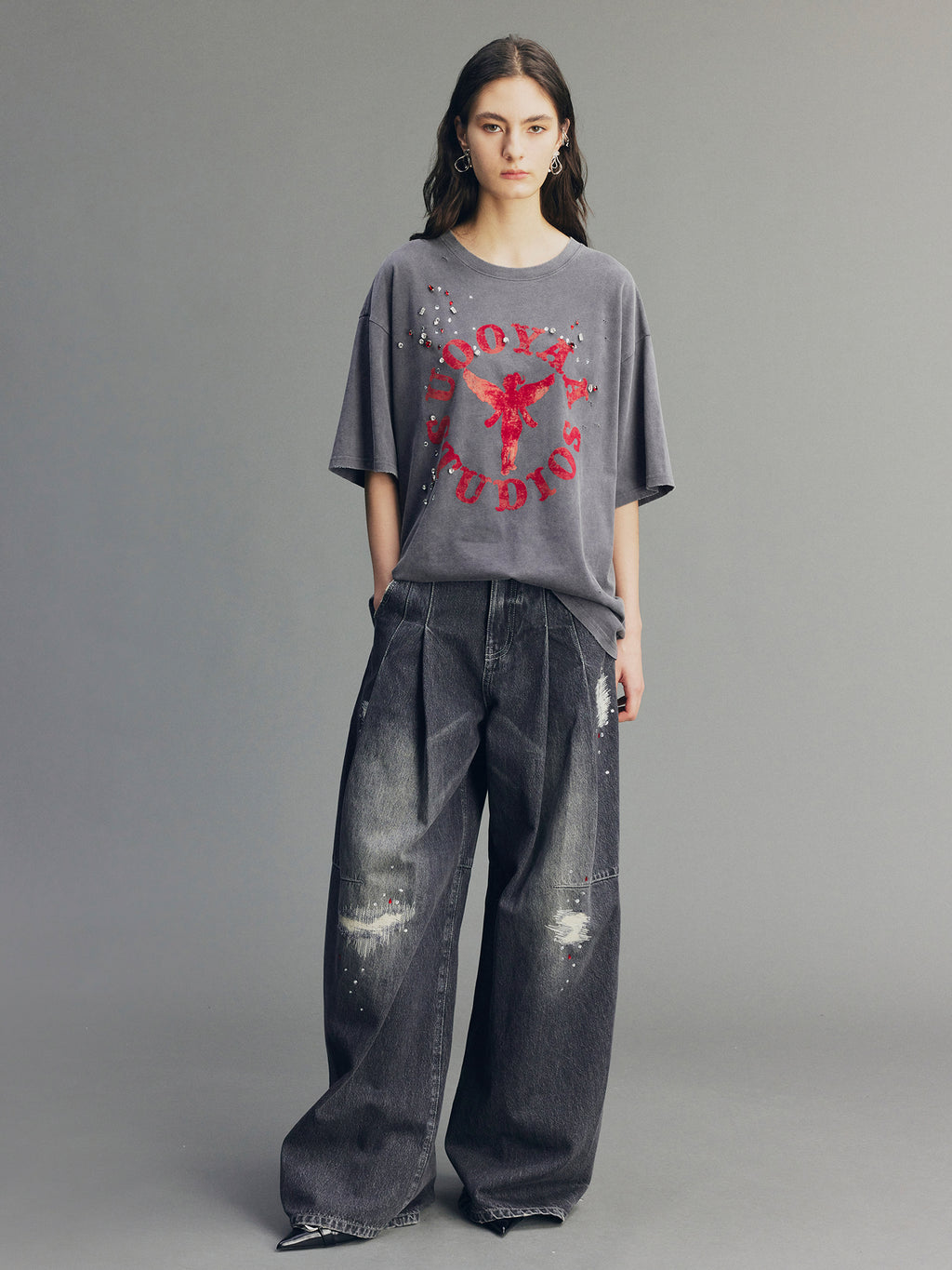 Distressed Rhinestone Five-Pocket Jeans
