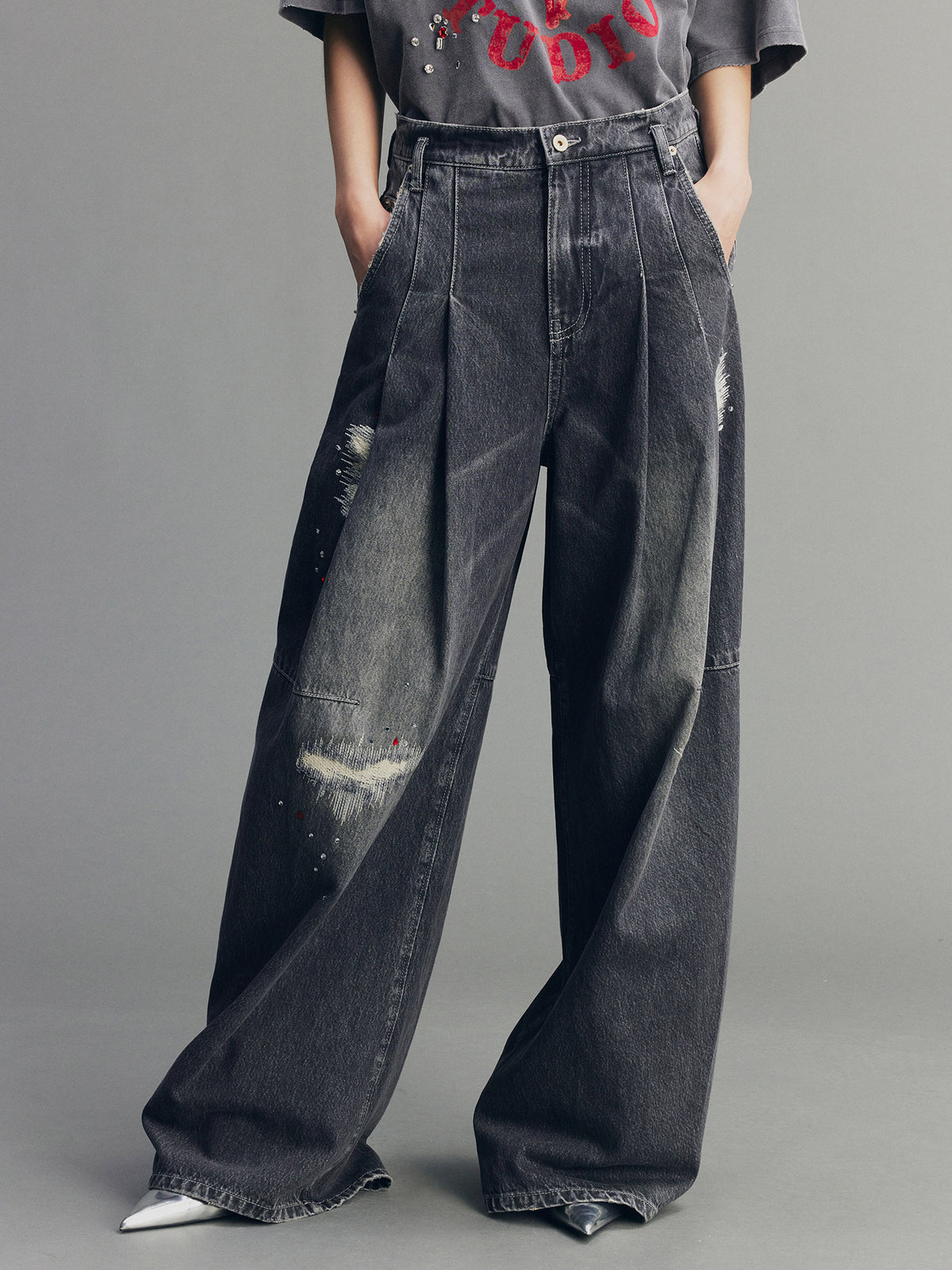 Distressed Rhinestone Five-Pocket Jeans