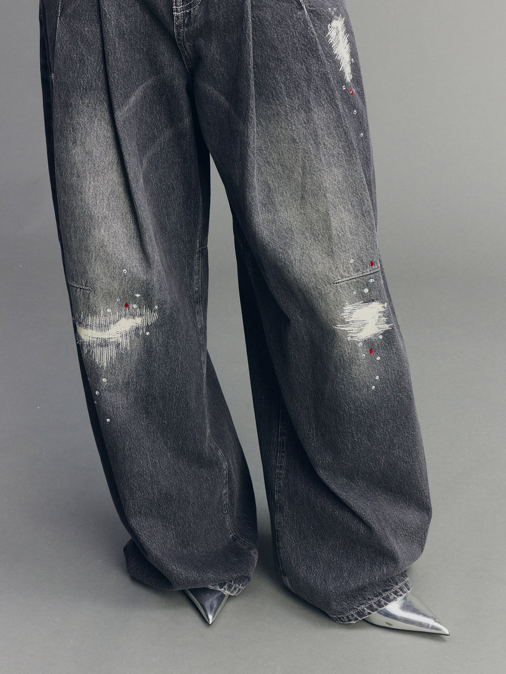 Distressed Rhinestone Five-Pocket Jeans