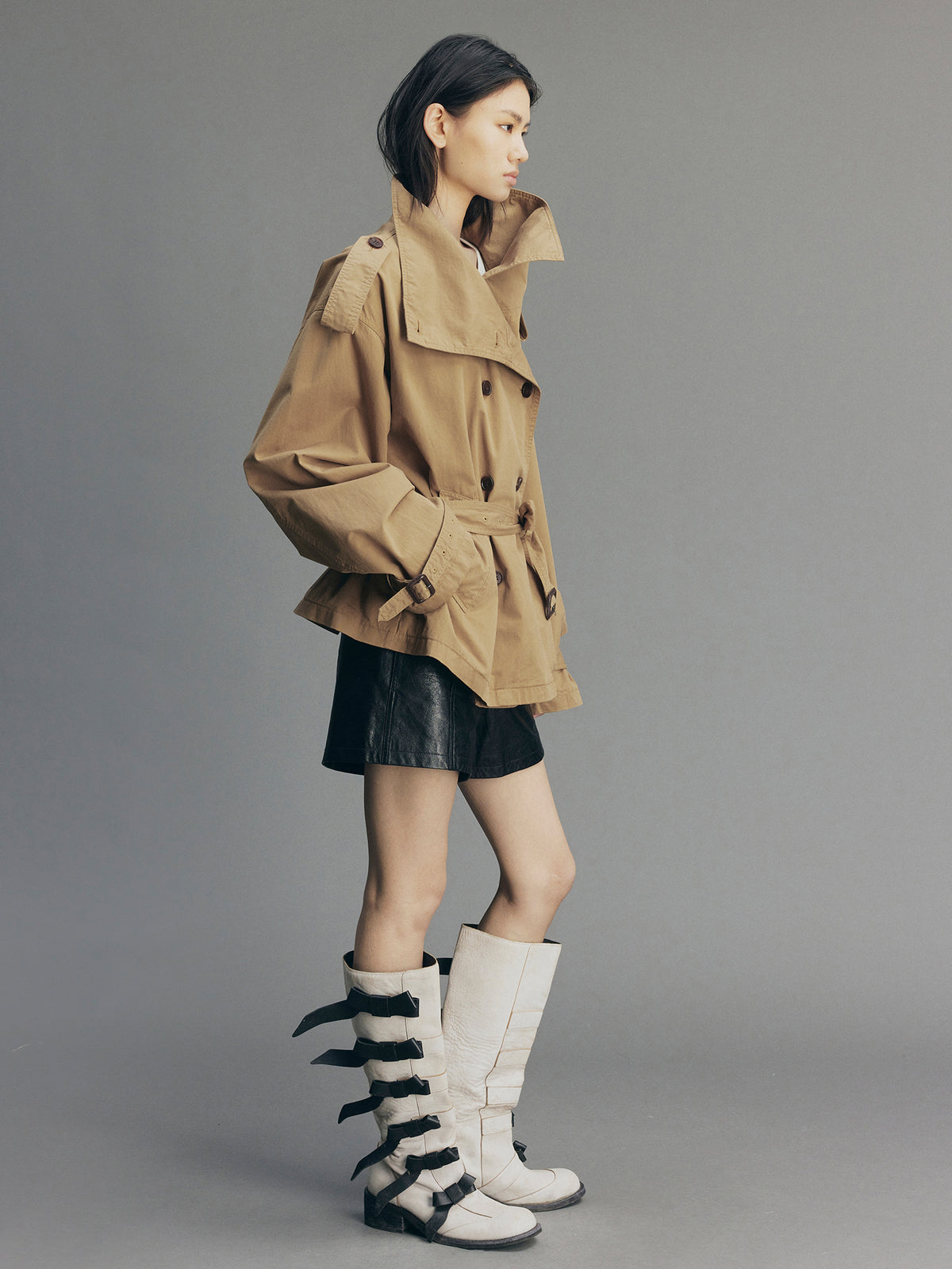 Playful Double-Breasted Stand-Collar Trench Coat
