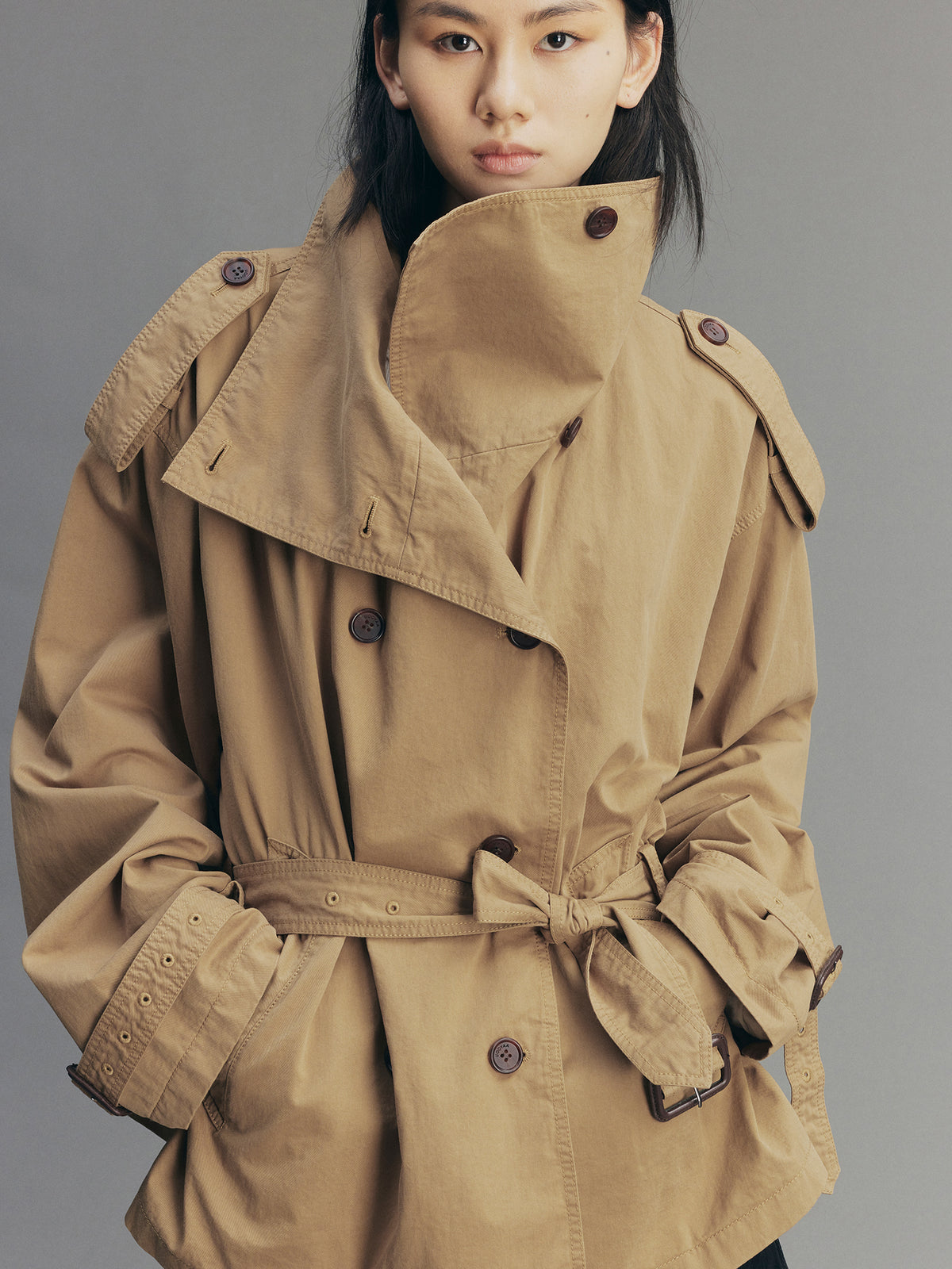 Playful Double-Breasted Stand-Collar Trench Coat