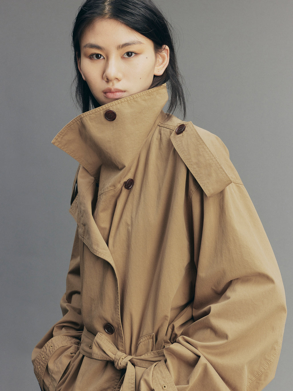 Playful Double-Breasted Stand-Collar Trench Coat