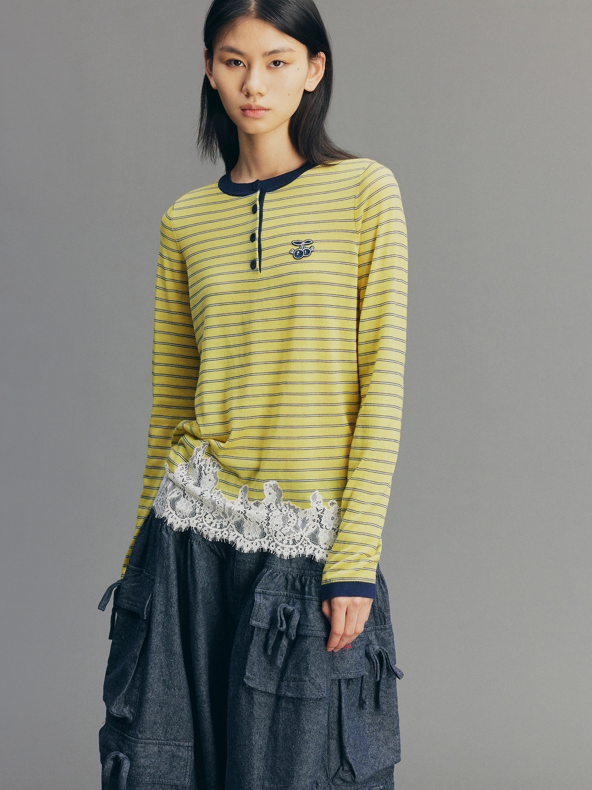 Sporty Cherry Lace-Embroidered Henley Sweatshirt