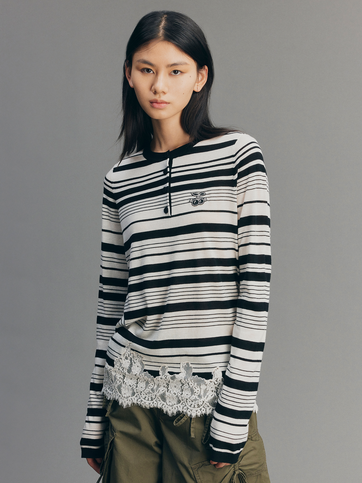 Sporty Cherry Lace Embroidered Henley Sweatshirt