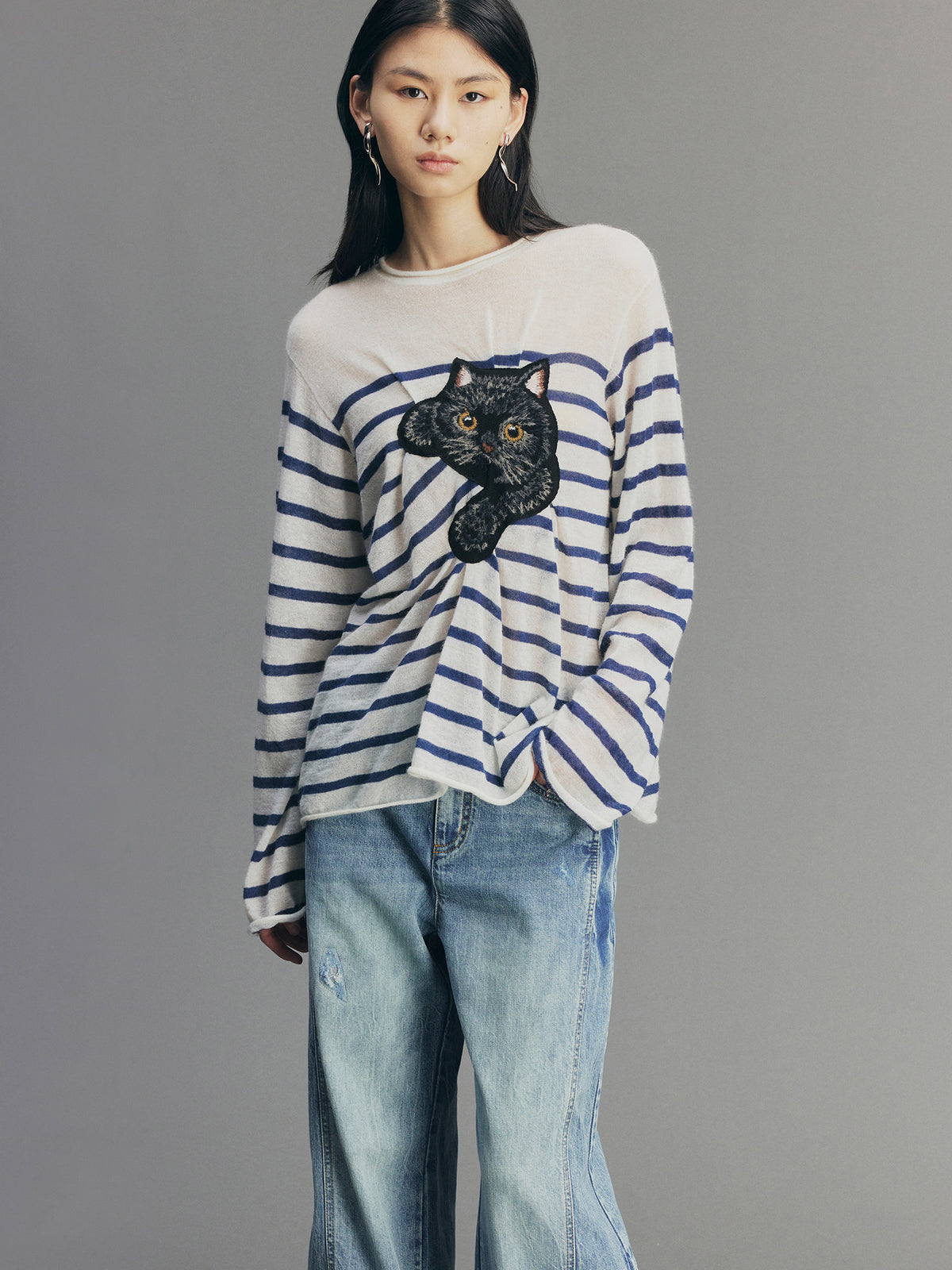 Fun Black Cat Striped Sweater