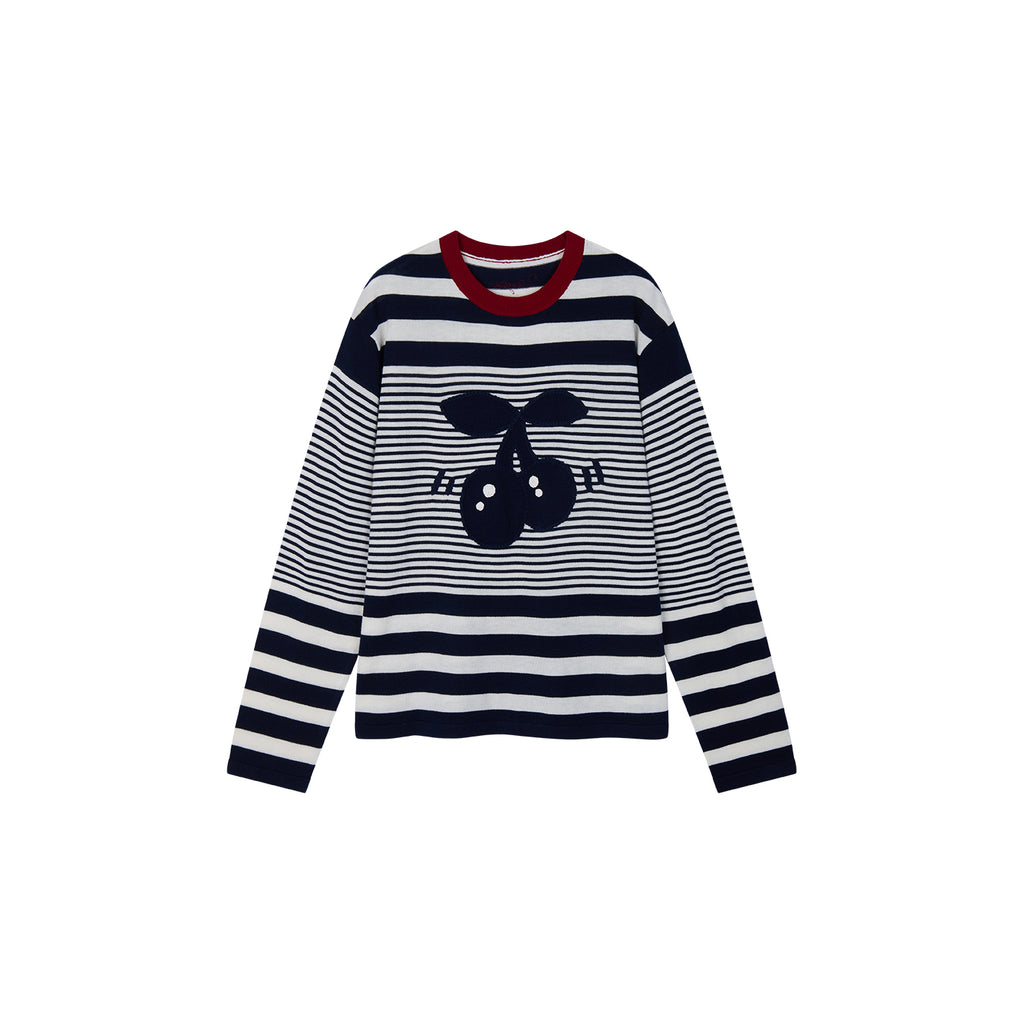 Sporty Cherry Faux-Layered Striped Knit Sweatshirt