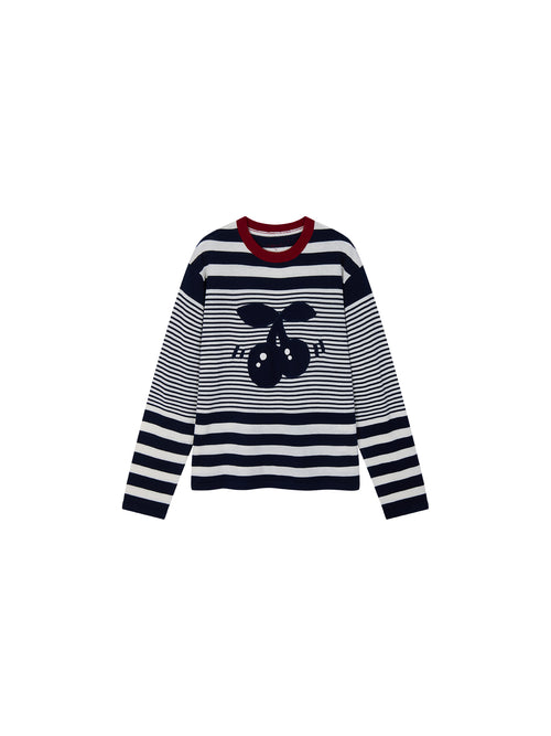 Sporty Cherry Faux-Layered Striped Knit Sweatshirt