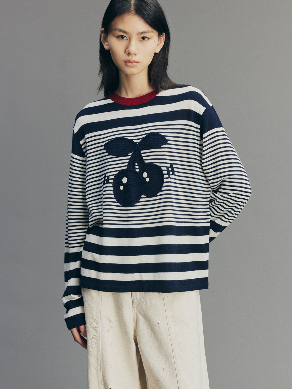 Sporty Cherry Faux-Layered Striped Knit Sweatshirt