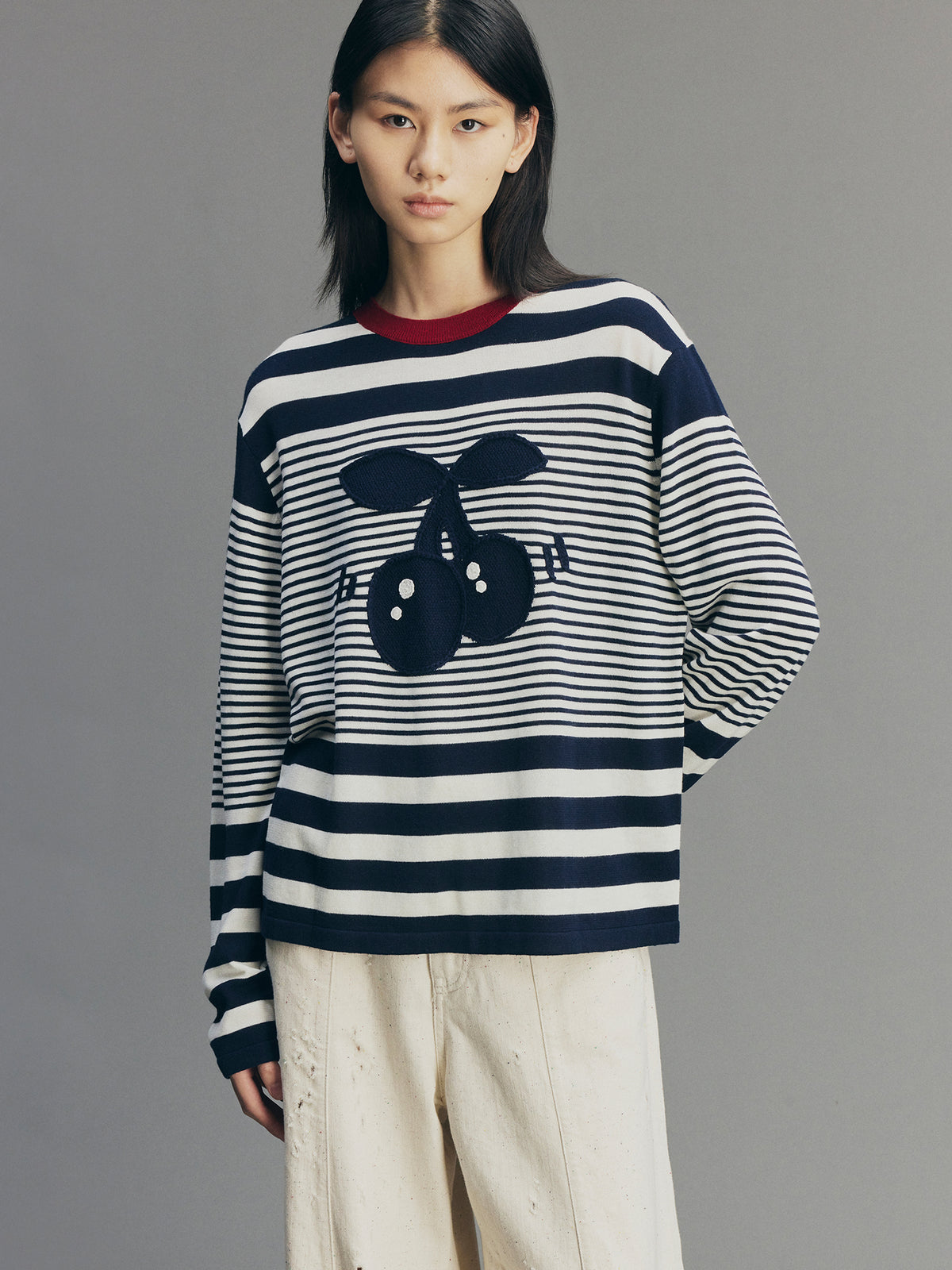 Sporty Cherry Faux-Layered Striped Knit Sweatshirt
