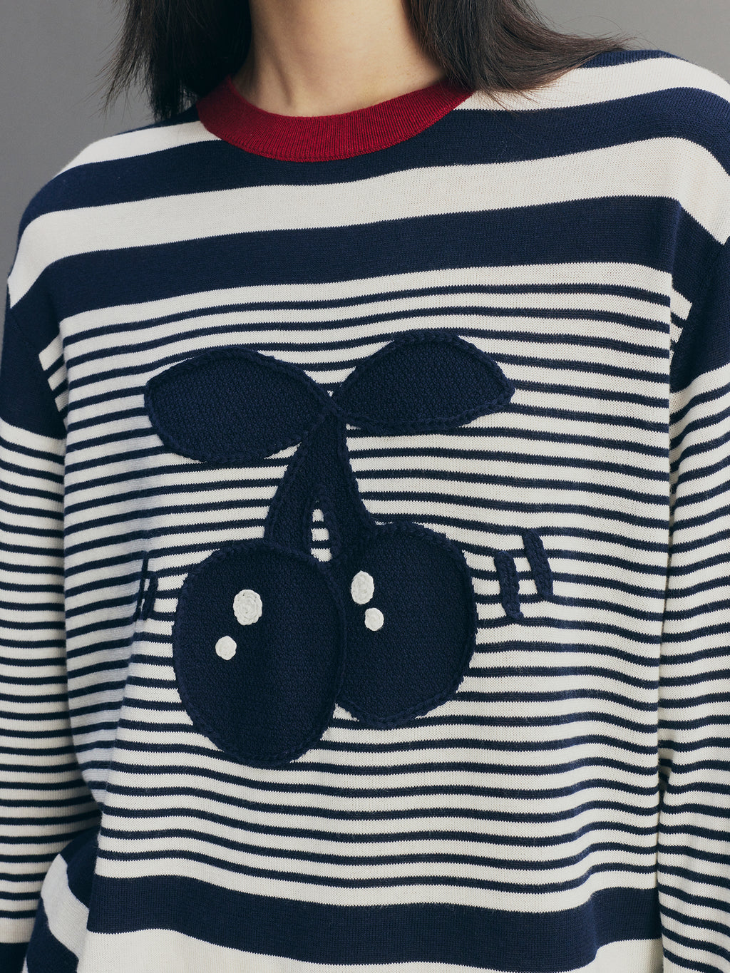Sporty Cherry Faux-Layered Striped Knit Sweatshirt
