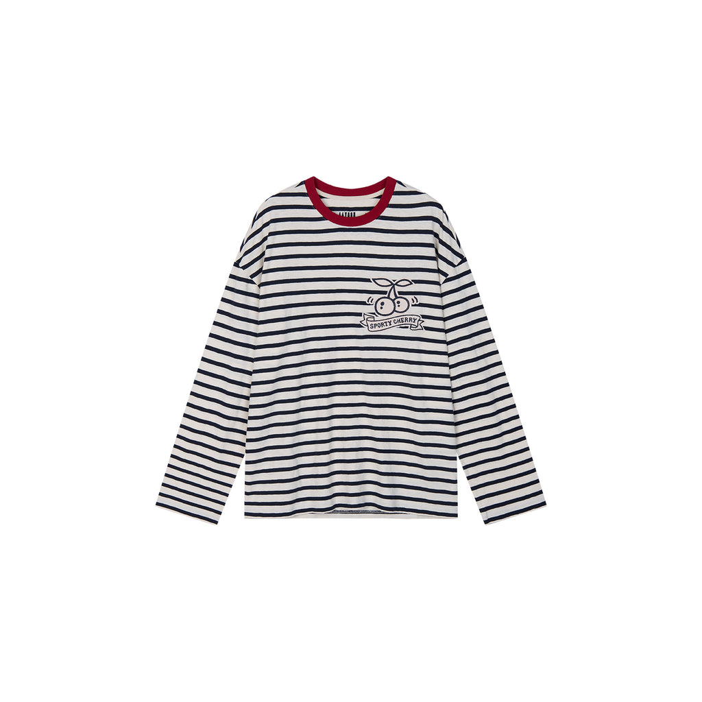Sporty Cherry Appliqué Embroidered Breton Sweatshirt