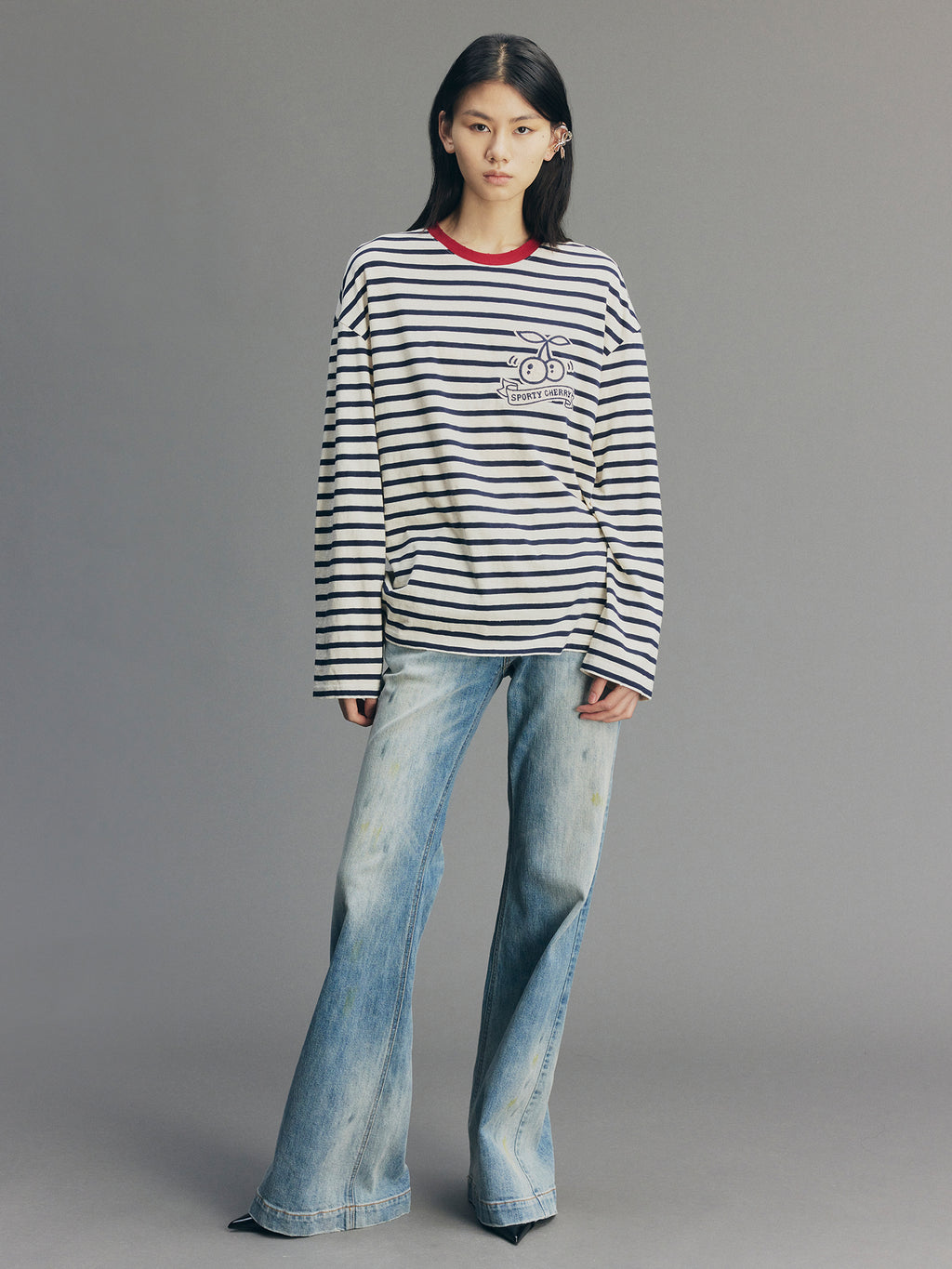 Sporty Cherry Appliqué Embroidered Breton Sweatshirt