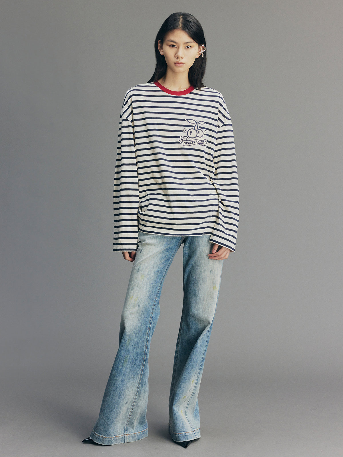 Sporty Cherry Appliqué Embroidered Breton Sweatshirt