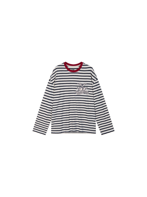 Sporty Cherry Appliqué Embroidered Breton Sweatshirt