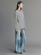 Sporty Cherry Appliqué Embroidered Breton Sweatshirt