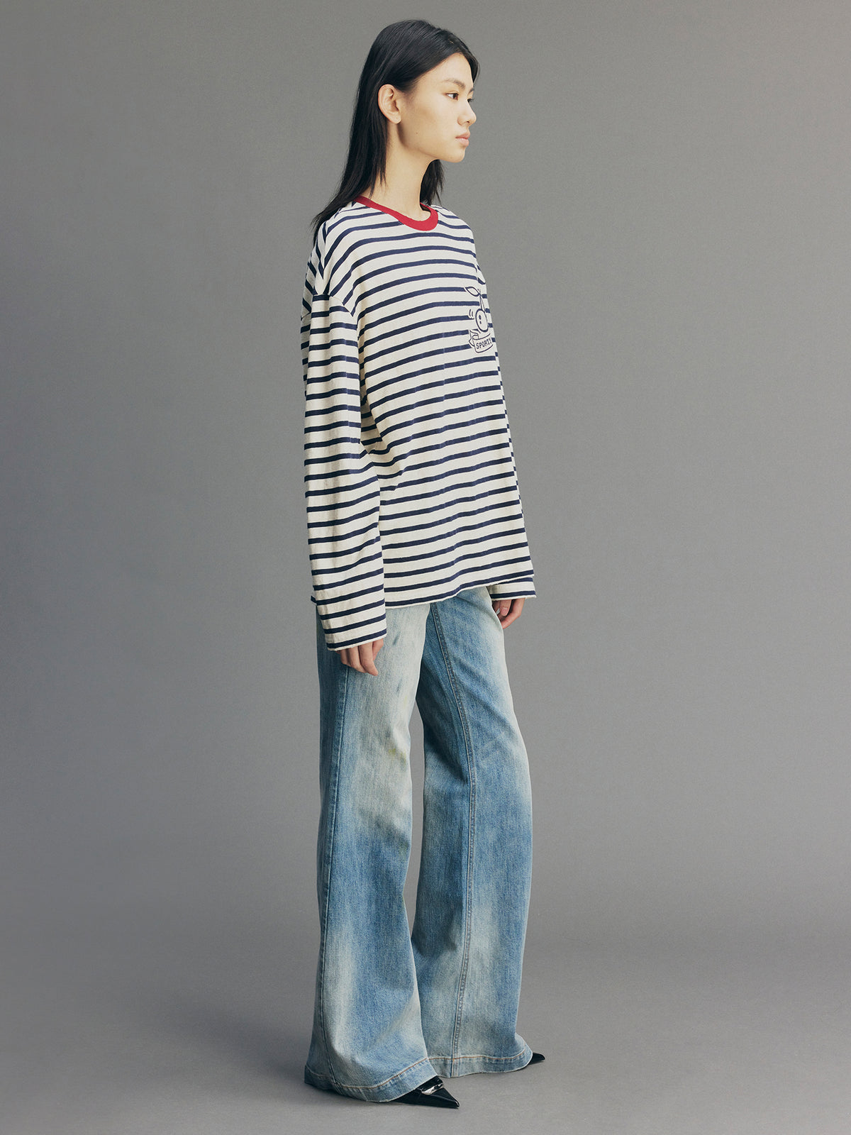 Sporty Cherry Appliqué Embroidered Breton Sweatshirt