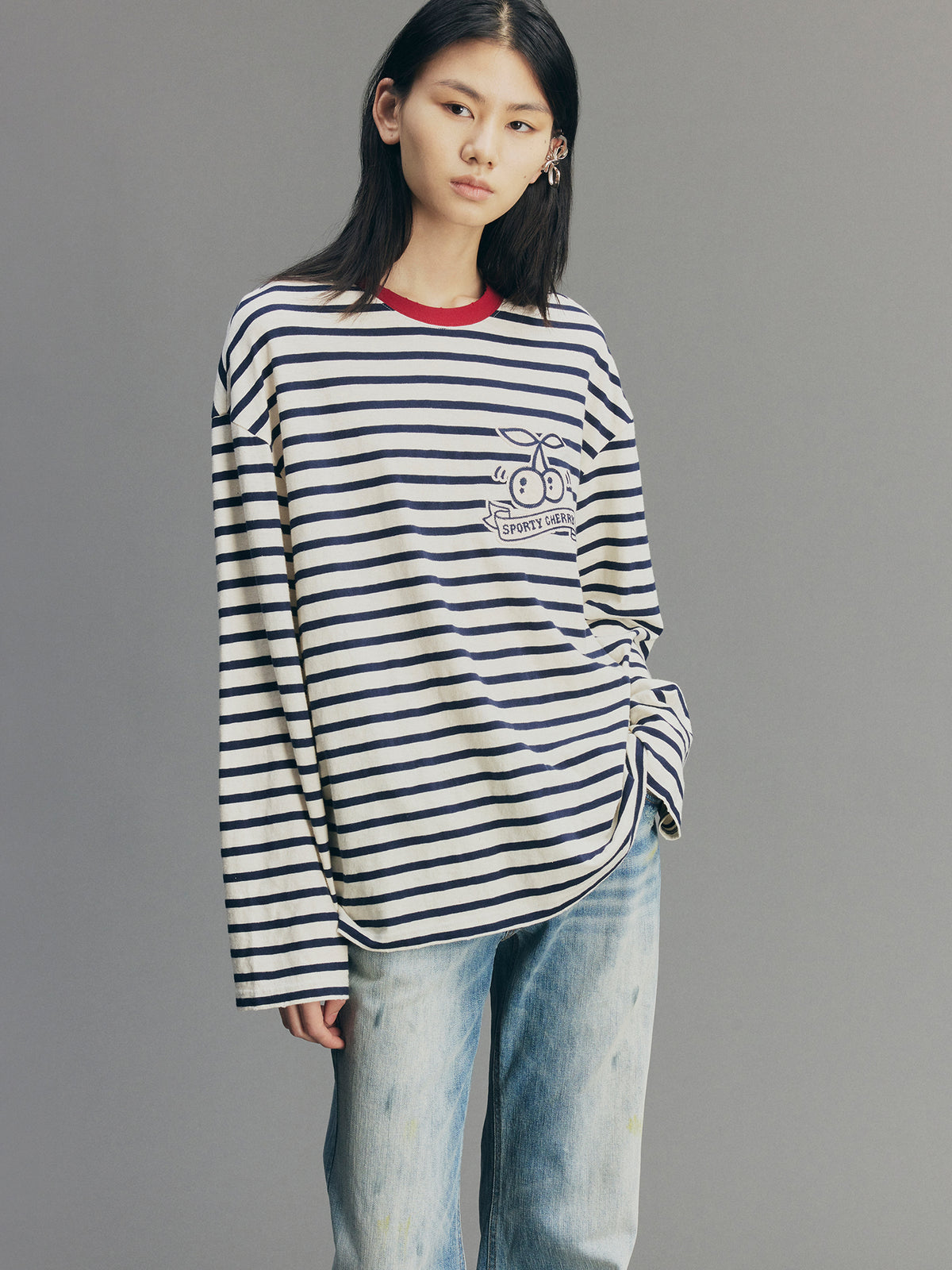 Sporty Cherry Appliqué Embroidered Breton Sweatshirt