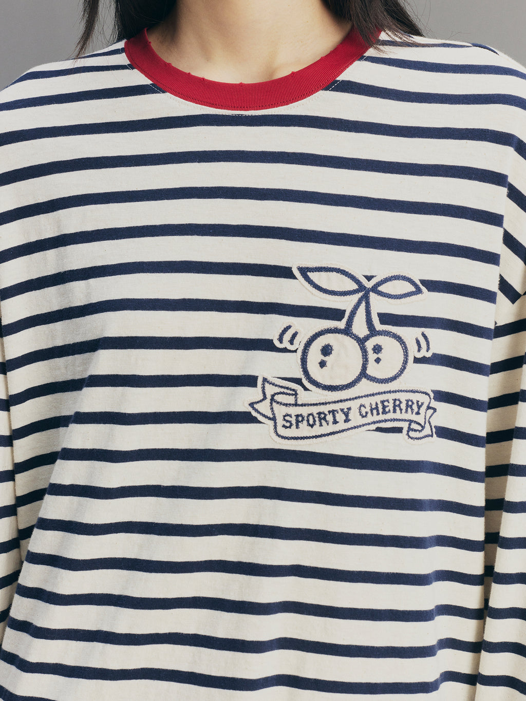 Sporty Cherry Appliqué Embroidered Breton Sweatshirt