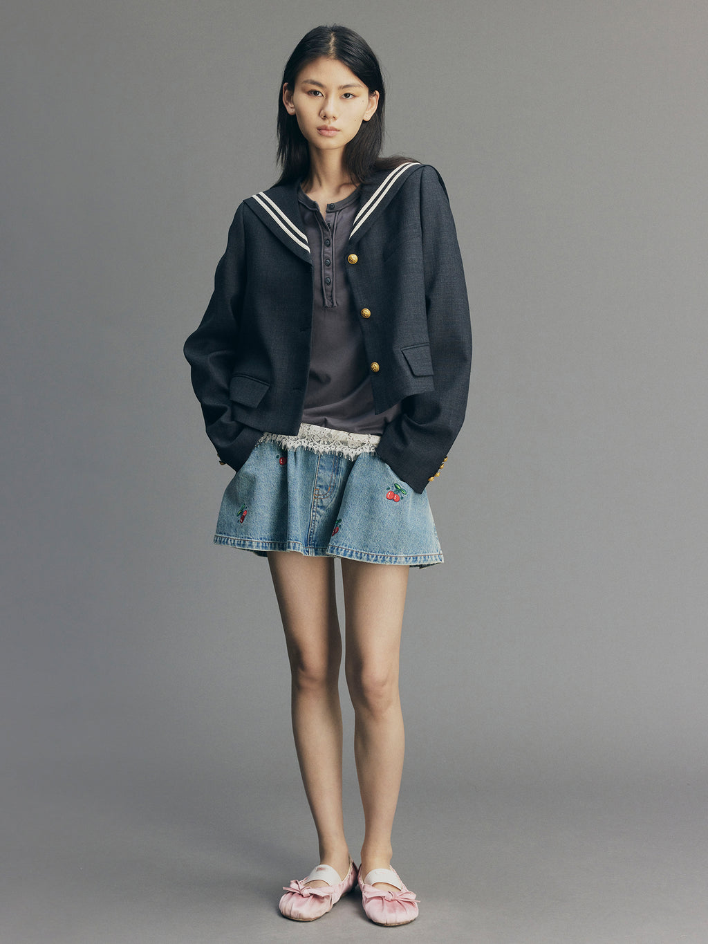 Sporty Cherry Sailor Collar Embroidered Blazer