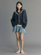 Sporty Cherry Sailor Collar Embroidered Blazer