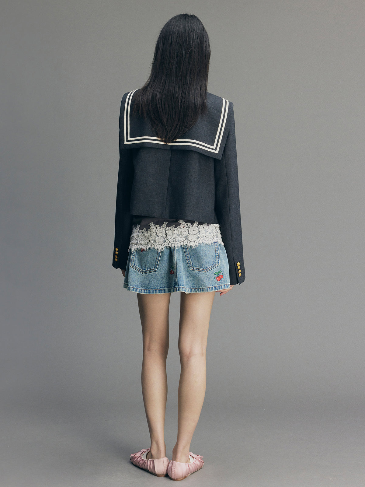 Sporty Cherry Sailor Collar Embroidered Blazer