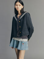 Sporty Cherry Sailor Collar Embroidered Blazer