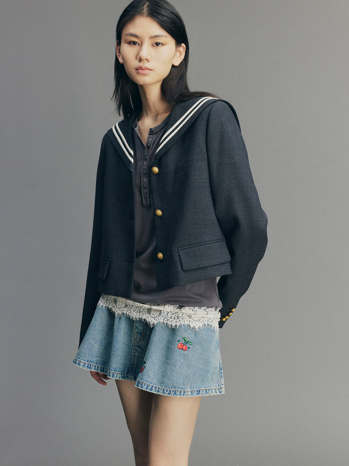 Sporty Cherry Sailor Collar Embroidered Blazer