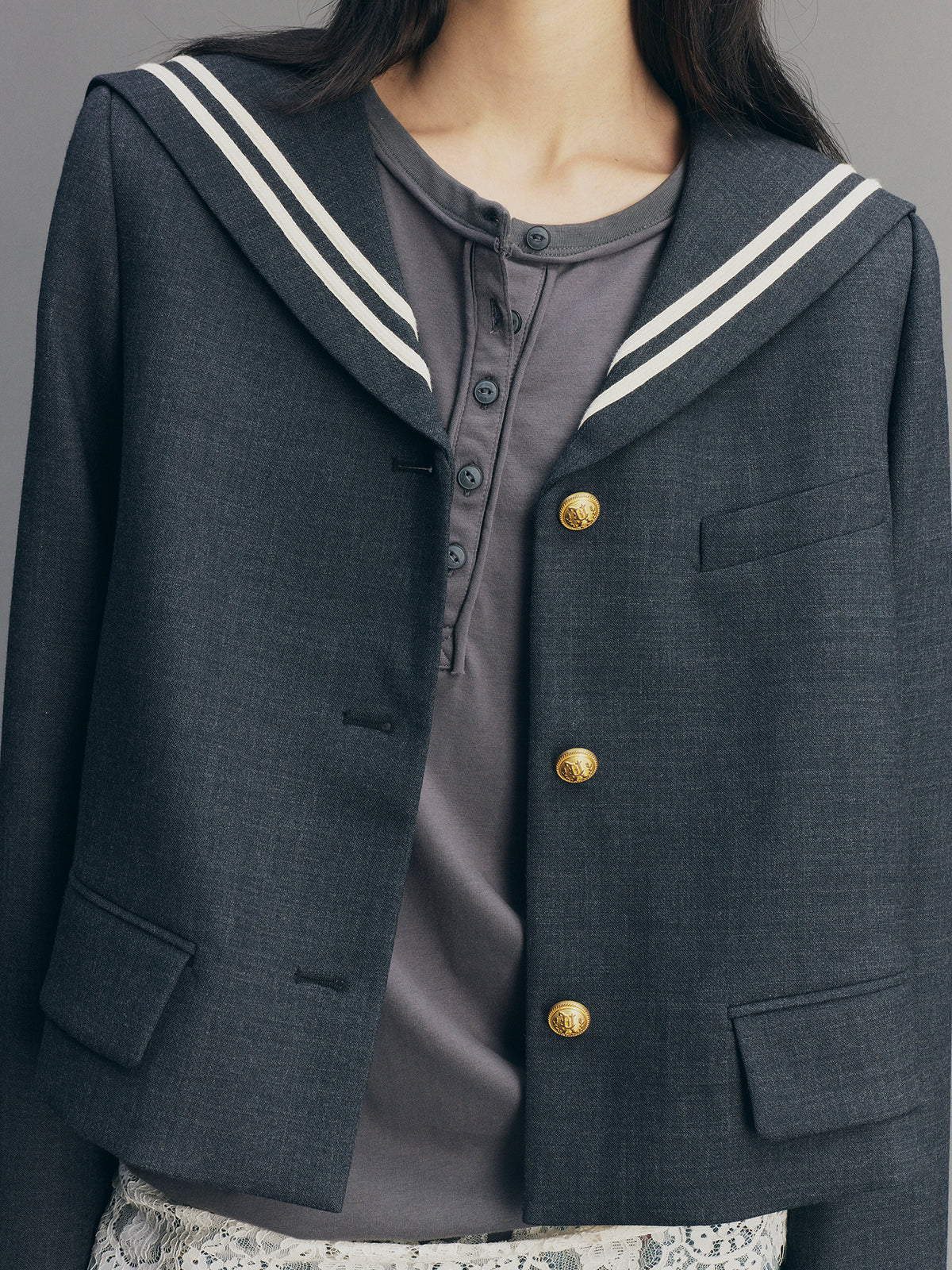 Sporty Cherry Sailor Collar Embroidered Blazer