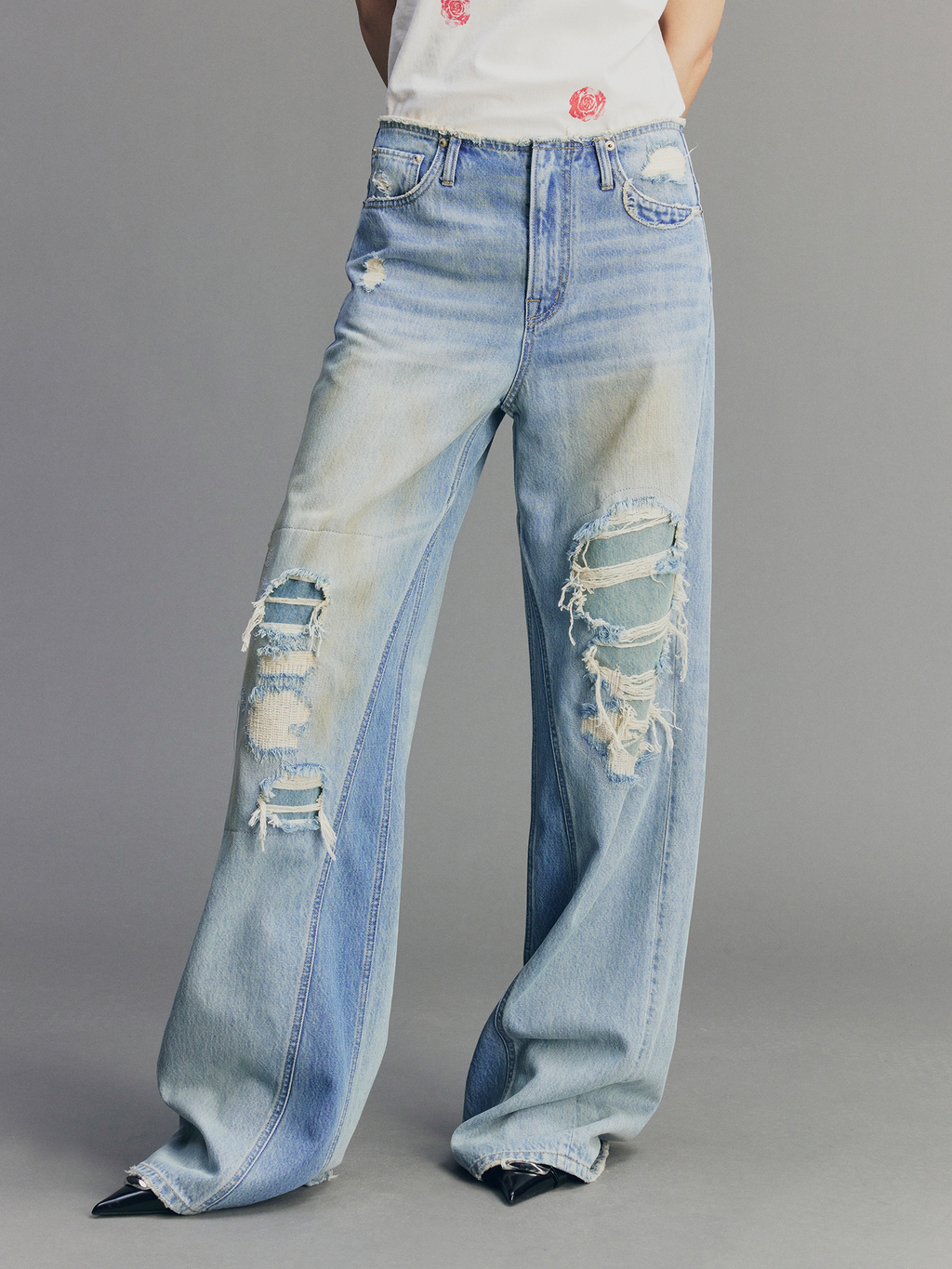 Rock Patchwork Waistband Free Distressed Jeans