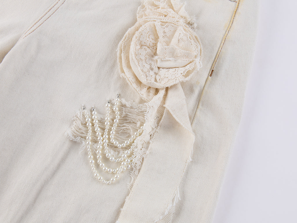 Casual Romantic Lace Crochet Denim Pants