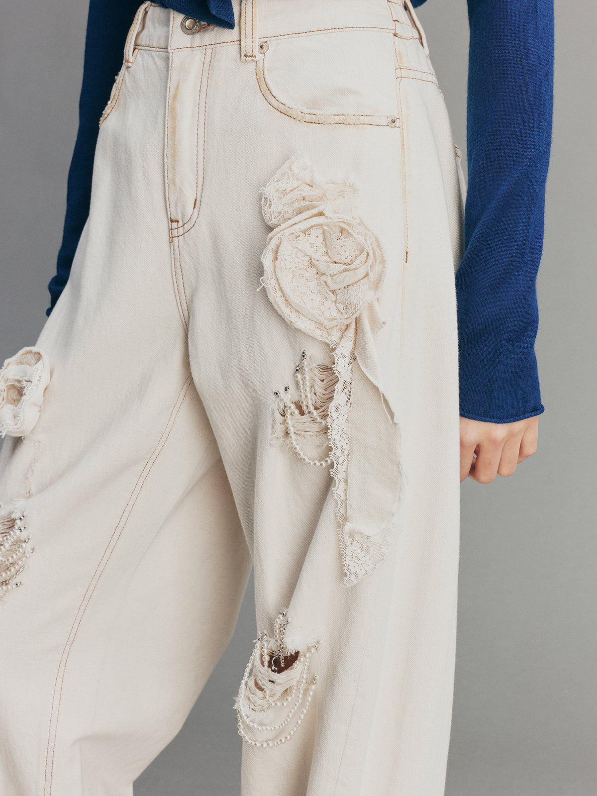 Casual Romantic Lace Crochet Denim Pants