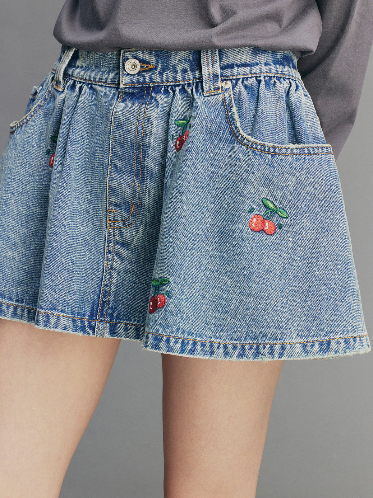 Cherry Wave Hem Denim Skirt
