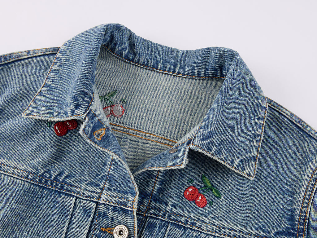 Sporty Cherry Embroidered Denim Jacket