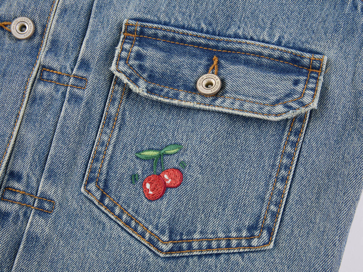 Sporty Cherry Embroidered Denim Jacket