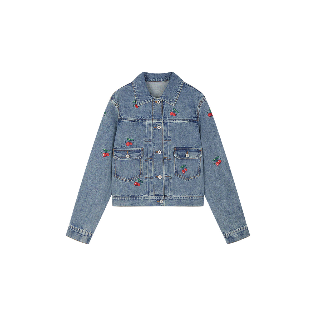 Sporty Cherry Embroidered Denim Jacket