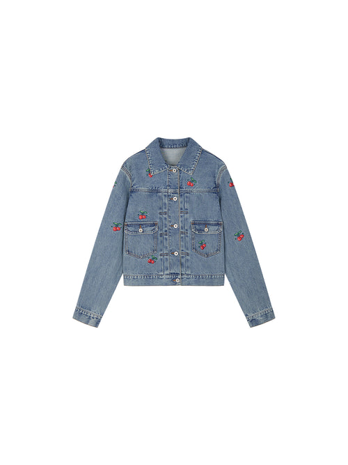 Sporty Cherry Embroidered Denim Jacket